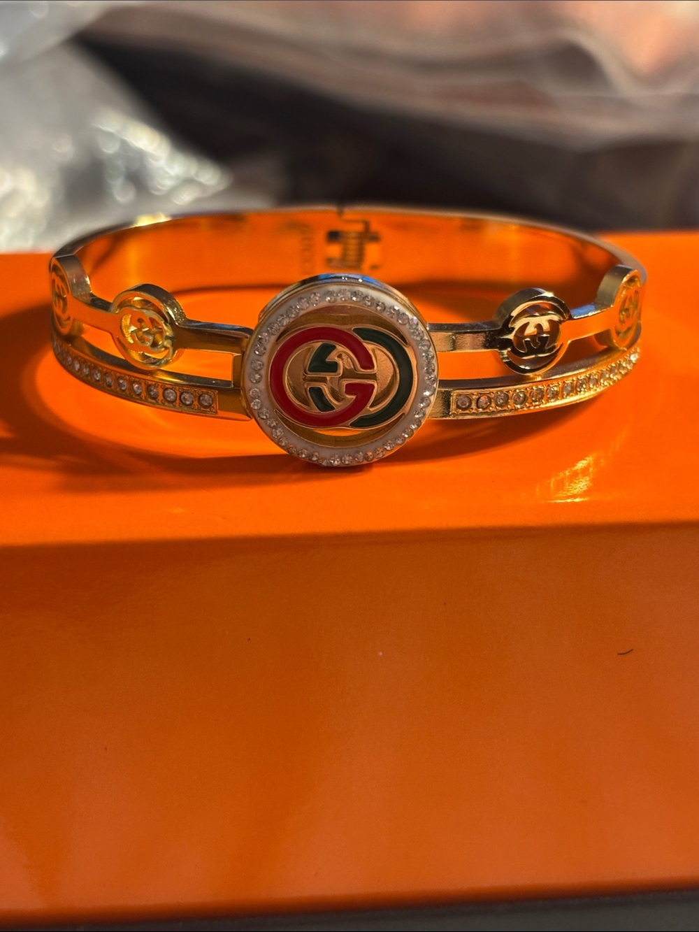 New Gold-Tone Enamel Interlocking G Bangle with Red & Green Accents